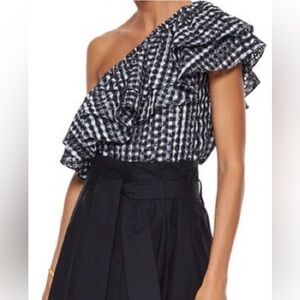 Rebecca Minkoff Black and White Ruffled One-Shoulder Top